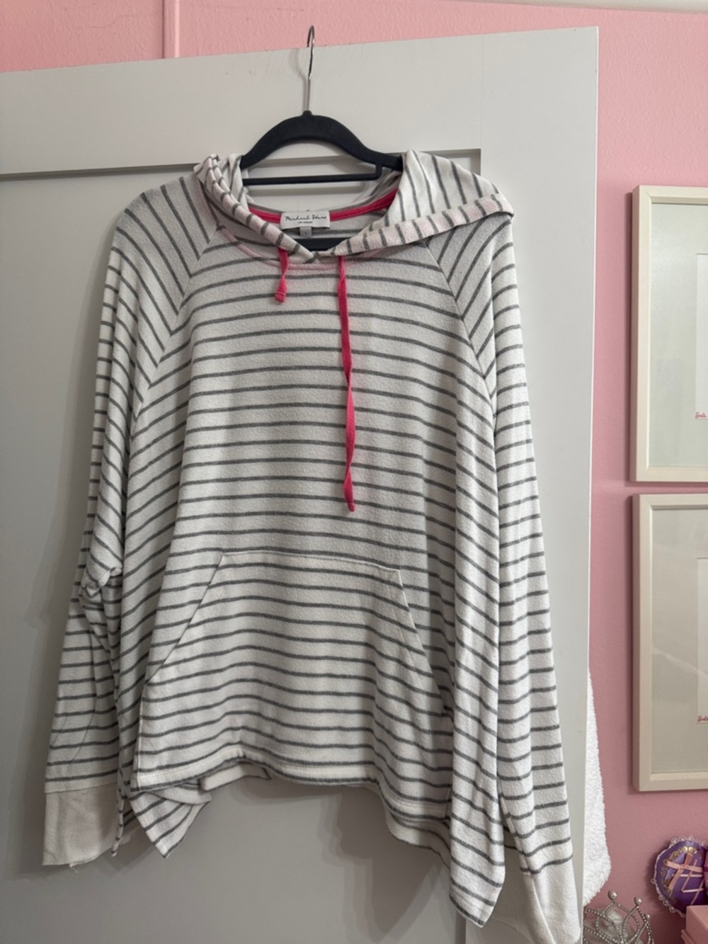 Michael Stars Cream and Gray Striped Hoodie with Pink Drawcord
